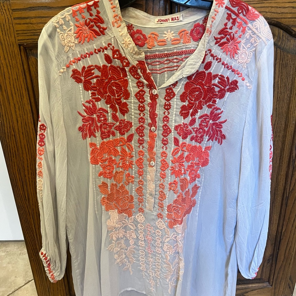 Johnny Was Cream and Red Embroidered Top
